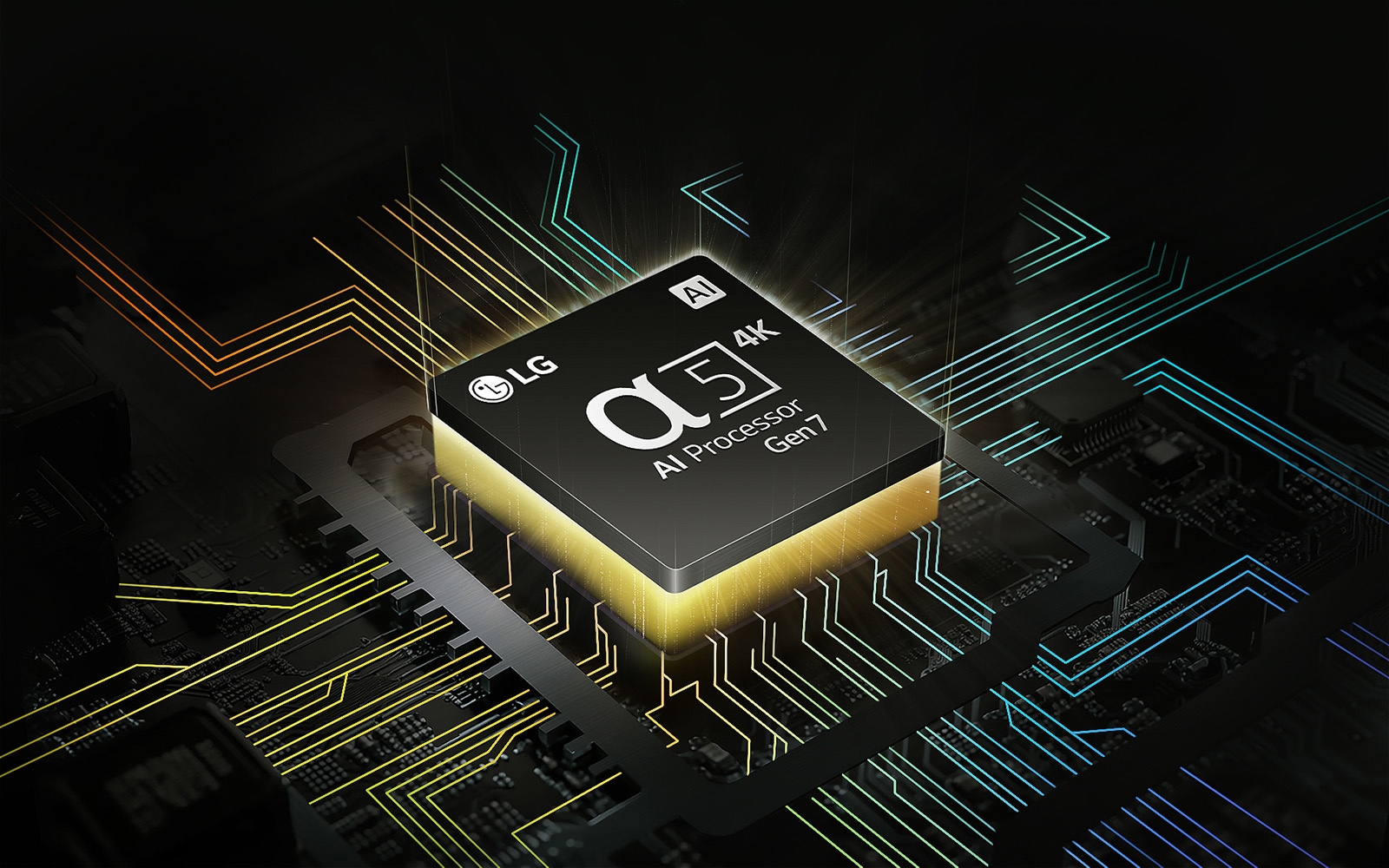 Μια εικ?να του chip aplha τη? LG με κ?τρινο φω? να εκπ?μπεται απ? κ?τω, και πολ?χρωμε? γραμμ?? κυκλ?ματο? να απομακρ?νονται απ? το chip.