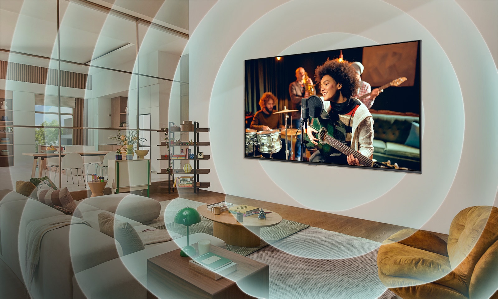 Μια εικ?να μια? LG TV στερεωμ?νη? στον το?χο σε ?να σαλ?νι με ?ναν κιθαρ?στα στην οθ?νη. Γραφικ? ομ?κεντρων κ?κλων που αναπαριστ?νουν ηχητικ? κ?ματα.