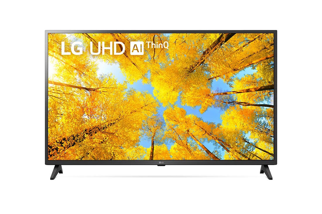 LG UQ75 4K Smart UHD TV 43 ιντσ?ν, Μπροστιν? ?ψη τη? LG UHD TV με εικ?να που γεμ?ζει την οθ?νη και λογ?τυπο του προ??ντο?, 43UQ75006LF