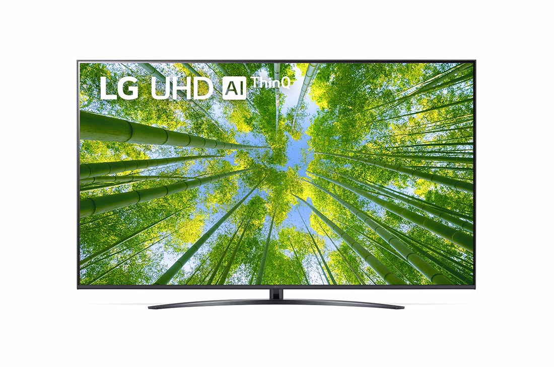 LG UQ81 4K Smart UHD TV 70 Ιντσ?ν, Μπροστιν? ?ψη τη? LG UHD TV με εικ?να που γεμ?ζει την οθ?νη και λογ?τυπο του προ??ντο?, 70UQ81006LB