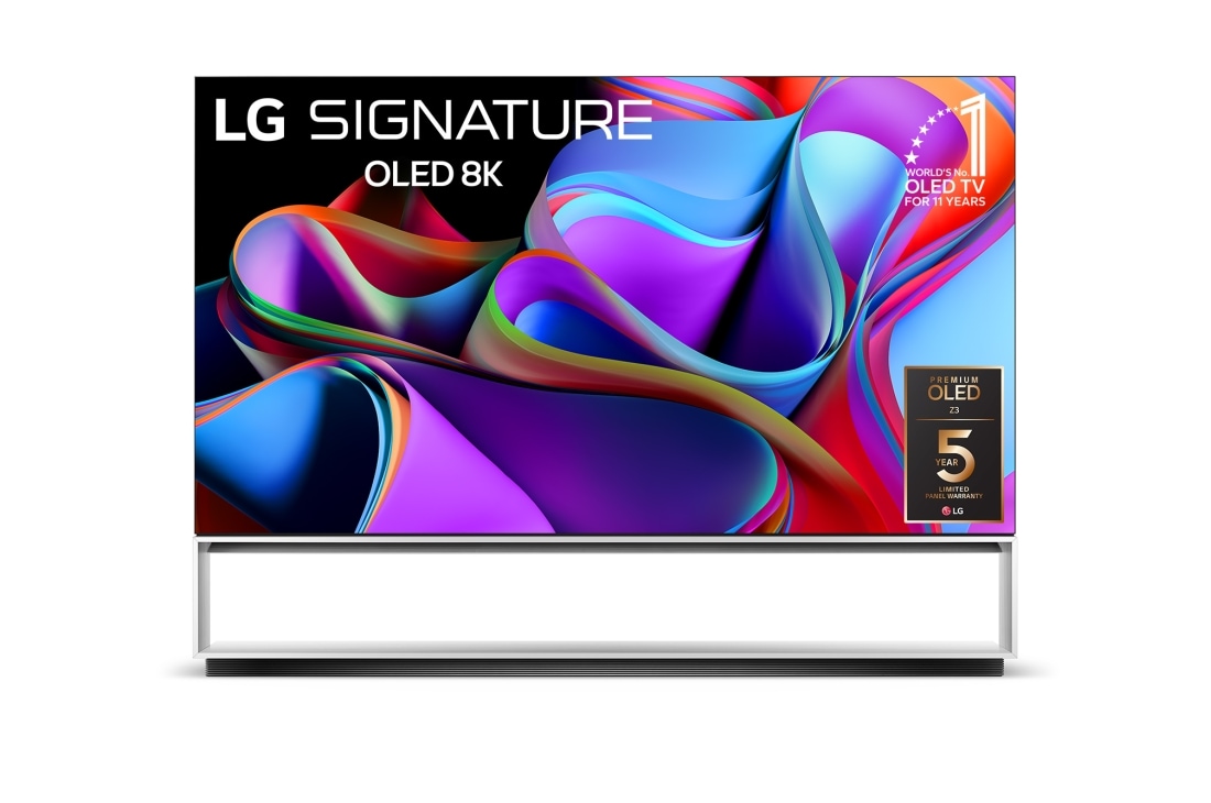 LG SIGNATURE OLED 8K Z3 88 ιντσ?ν 2023, Μπροστιν? ?ψη με την LG OLED evo, το ?μβλημα "11 Years World No.1 OLED" και λογ?τυπο 5ετο?? εγγ?ηση? π?νελ στην οθ?νη, OLED88Z39LA