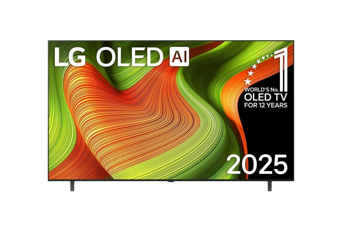 LG OLED 77 ιντσ?ν AI B5 4K Smart TV 2025, Μπροστιν? ?ψη τη? LG OLED AI B5 4K Smart TV. Το ?μβλημα 12 Years of world number 1 OLED και το λογ?τυπο LG OLED AI 2025 βρ?σκονται στην οθ?νη., OLED77B56LA
