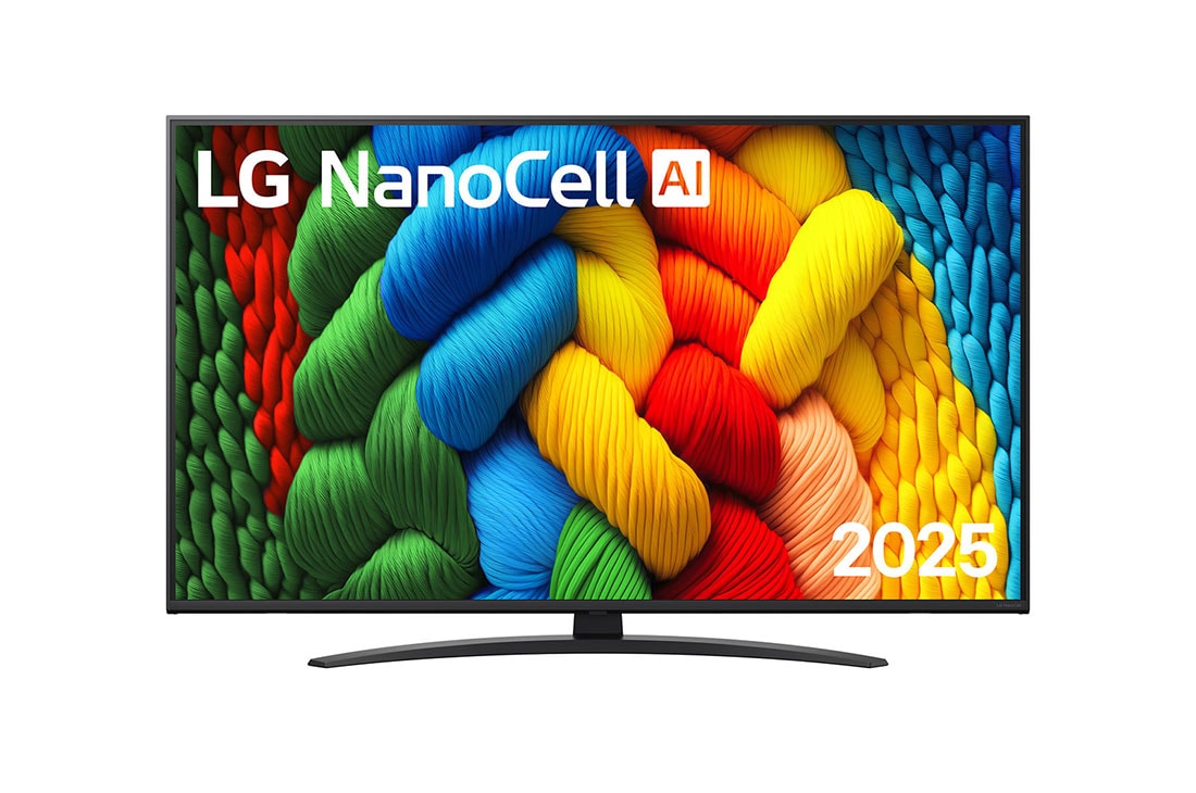 LG Τηλε?ραση LG NanoCell AI 43 ιντσ?ν NANO81 4K Smart TV 2025, Μπροστιν? ?ψη τη? NanoCell TV, το λογ?τυπο LG NanoCell Al Logo στην π?νω γων?α. Η LG NanoCell NANO80 TV απεικον?ζει πολ?χρωμε? υφ?? σαν βαφ?? που συνδυ?ζονται., 43NANO81A6A
