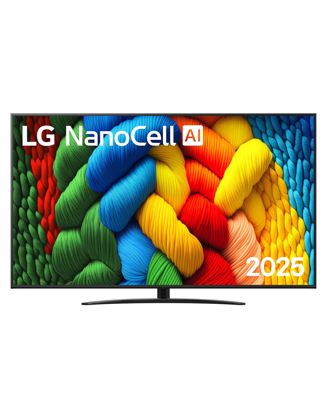 LG Τηλε?ραση LG NanoCell AI 86 ιντσ?ν NANO81 4K Smart TV 2025, Μπροστιν? ?ψη τη? NanoCell TV, το λογ?τυπο LG NanoCell Al Logo στην π?νω γων?α. Η LG NanoCell NANO80 TV απεικον?ζει πολ?χρωμε? υφ?? σαν βαφ?? που συνδυ?ζονται., 86NANO81A6A