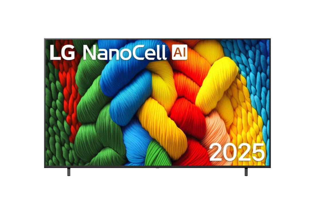 LG Τηλε?ραση LG NanoCell AI 86 ιντσ?ν NANO81 4K Smart TV 2025, Μπροστιν? ?ψη τη? NanoCell TV, το λογ?τυπο LG NanoCell Al Logo στην π?νω γων?α. Η LG NanoCell NANO80 TV απεικον?ζει πολ?χρωμε? υφ?? σαν βαφ?? που συνδυ?ζονται., 86NANO81A6A