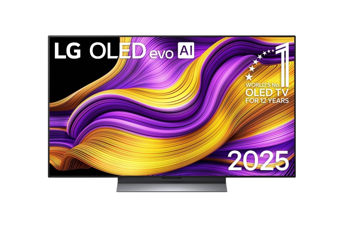 LG OLED evo 48  ιντσ?ν AI G5 4K Smart TV 2025, Μπροστιν? ?ψη τη? LG OLED evo AI G5 4K Smart TV. Το ?μβλημα 12 Years of world number 1 OLED και το λογ?τυπο LG OLED evo AI 2025 βρ?σκονται στην οθ?νη., OLED48G56LS