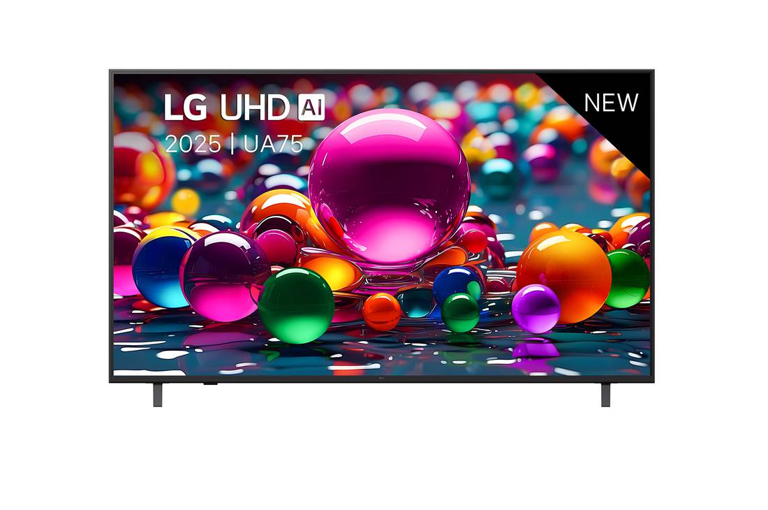 LG Τηλε?ραση LG UHD AI 75 ιντσ?ν UA75 4K Smart TV 2025, Μπροστιν? ?ψη τη? UHD UA75 TV, το λογ?τυπο LG UHD Al στην π?νω γων?α. Η LG UHD TV απεικον?ζει πολ?χρωμε? υφ?? σαν βαφ?? που συνδυ?ζονται., 75UA75006LA