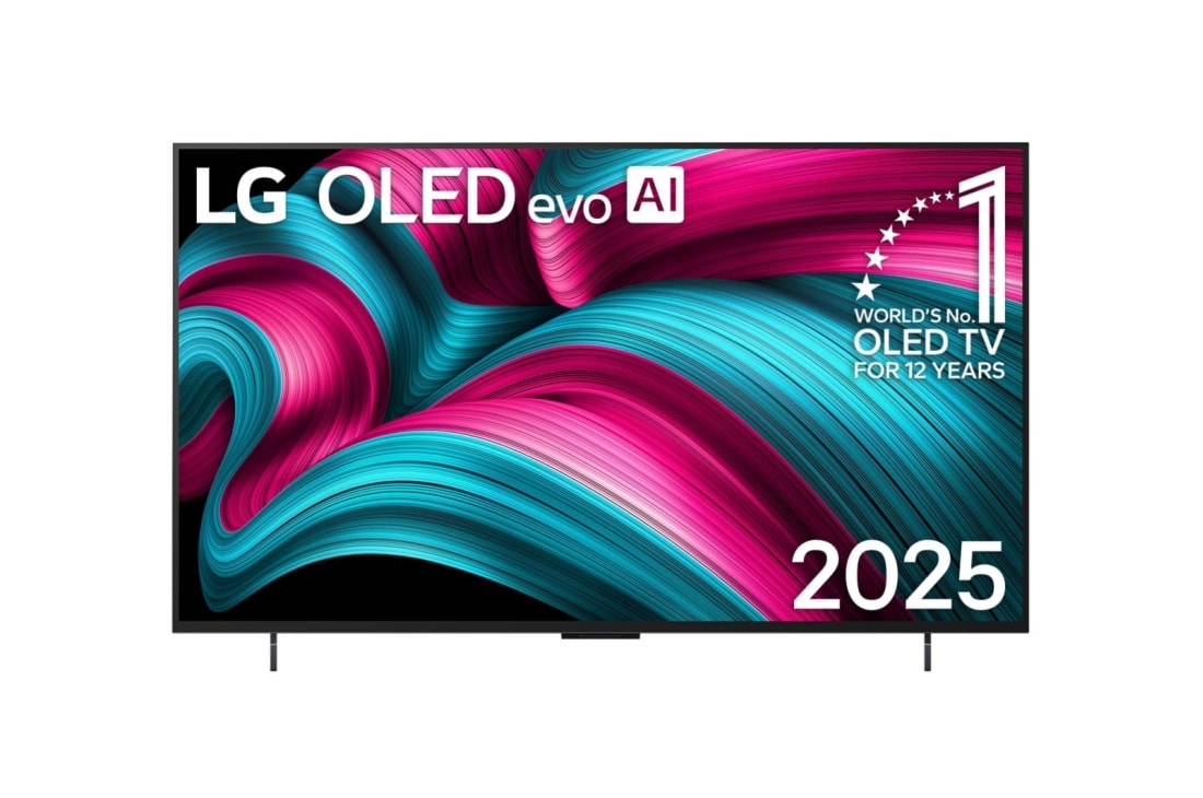 LG 42 ιντσ?ν LG OLED evo AI C5 4K Smart TV 2025, Μπροστιν? ?ψη τη? LG OLED evo AI C5 4K Smart TV. Το ?μβλημα 12 Years of world number 1 OLED και το λογ?τυπο LG OLED evo AI 2025 βρ?σκονται στην οθ?νη., OLED42C55LA