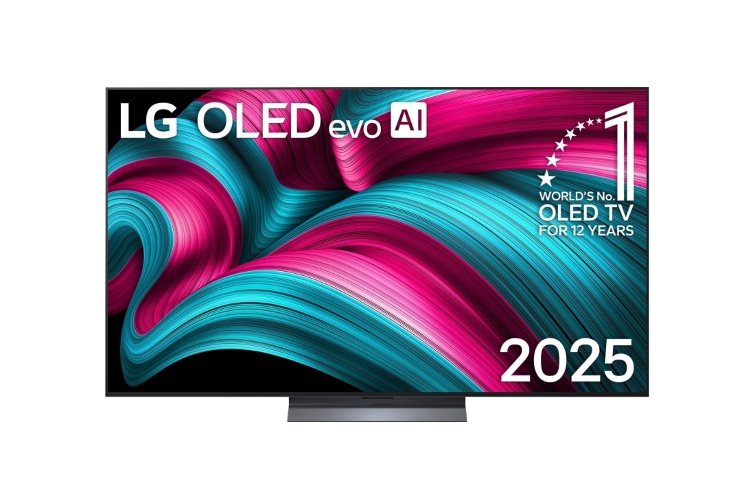 LG OLED evo 65 ιντσ?ν AI C5 4K Smart TV 2025, Μπροστιν? ?ψη τη? LG OLED evo AI C5 4K Smart TV. Το ?μβλημα 12 Years of world number 1 OLED και το λογ?τυπο LG OLED evo AI 2025 βρ?σκονται στην οθ?νη., OLED65C55LA