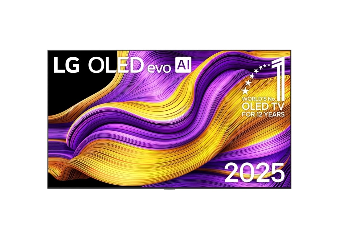 LG 83 ιντσ?ν LG OLED evo AI G5 4K Smart TV 2025, Μπροστιν? ?ψη τη? LG OLED evo AI G5 4K Smart TV. Το ?μβλημα 12 Years of world number 1 OLED και το λογ?τυπο LG OLED evo AI 2025 βρ?σκονται στην οθ?νη., OLED83G55LW