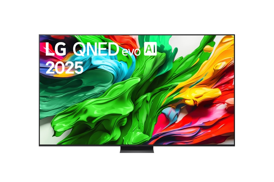 LG Τηλε?ραση LG QNED evo AI 100 ιντσ?ν QNED86 4K Smart TV 2025, Μπροστιν? ?ψη τη? LG QNED evo QNED85 TV, το λογ?τυπο LG QNED evo Al στην π?νω γων?α. Η LG QNED evo QNED85 TV απεικον?ζει πολ?χρωμ?? υφ?? σαν βαφ?? που συνδυ?ζονται., 100QNED86A6