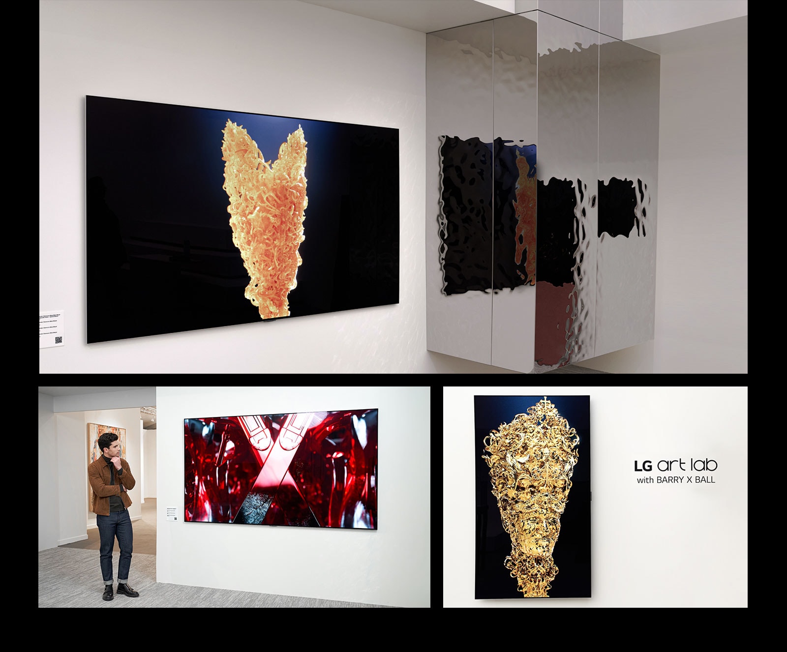 Gornja slika prikazuje LG OLED u bijeloj sobi sa slikom zlatne skulpture koja se prikazuje na zaslonu. Sa strane je stvarna srebrna skulptura s jedinstvenim reljefnim uzorkom koji odra?ava ono ?to se reproducira na televizoru. 	  Donja desna slika prikazuje LG OLED zaslon na zidu u okomitom poravnanju i prikazuje zlatnu skulpturu koja nalikuje osobi. Natpis ?LG umjetni?ki laboratorij s Barryjem X Ballom” nalazi se na slici s desne strane televizora. Donja lijeva slika prikazuje ?ovjeka u umjetni?koj galeriji koji gleda crveno-crno digitalno umjetni?ko djelo skulpture na LG OLED zaslonu.