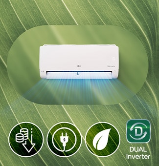 Klima ure?aj i 3 ikone za u?tedu energije (nov?i?i, uti?nice, li??e) na apstraktnoj pozadini koja podsje?a na list.