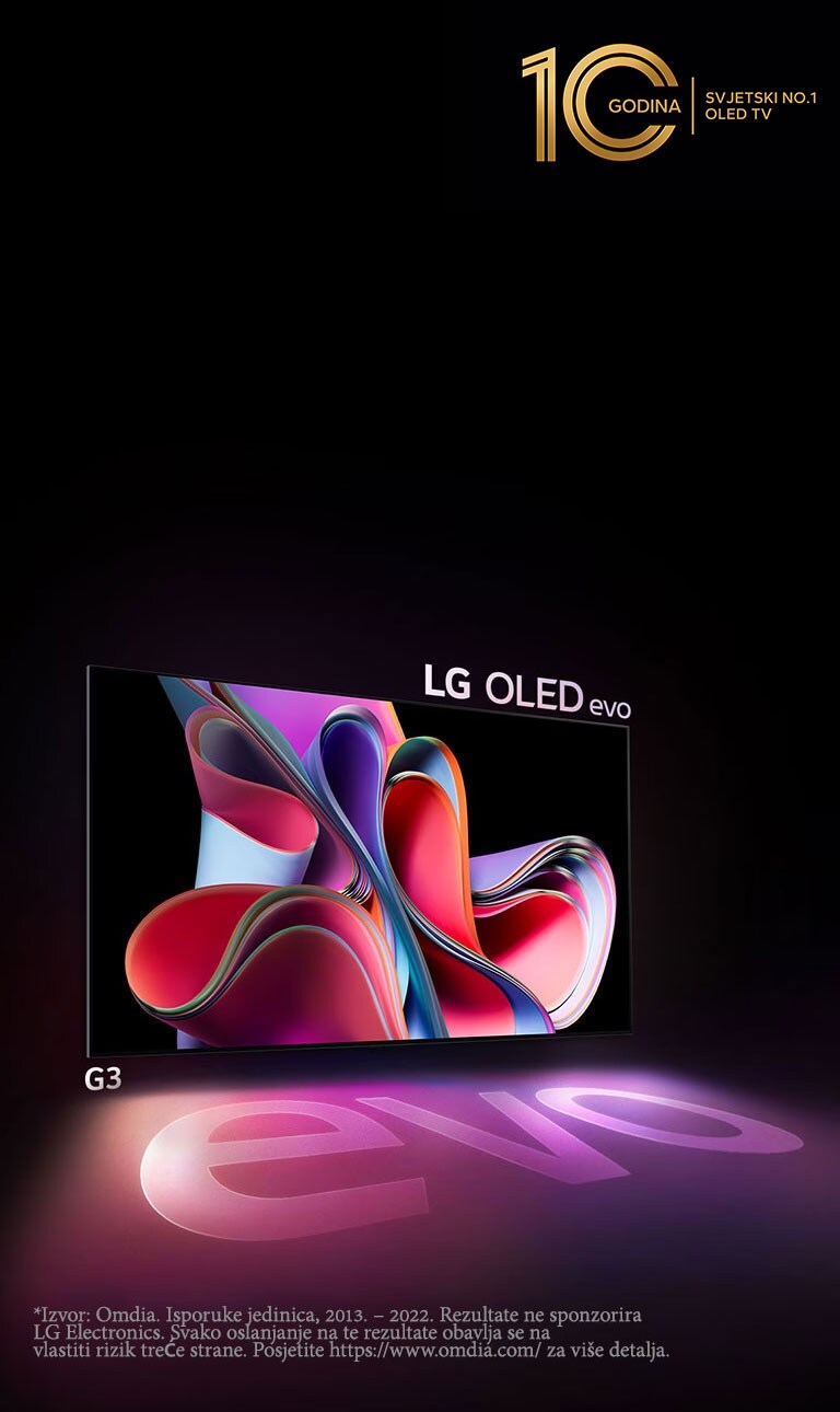 Slika televizora LG OLED G3 na crnoj pozadini s prikazom ru?i?aste i ljubi?aste apstraktne umjetnine. Zaslon baca ?arenu sjenu s rije?i ?evo”. Znak ?10 godina svjetski br. 1 OLED TV nalazi se u gornjem lijevom kutu slike. 