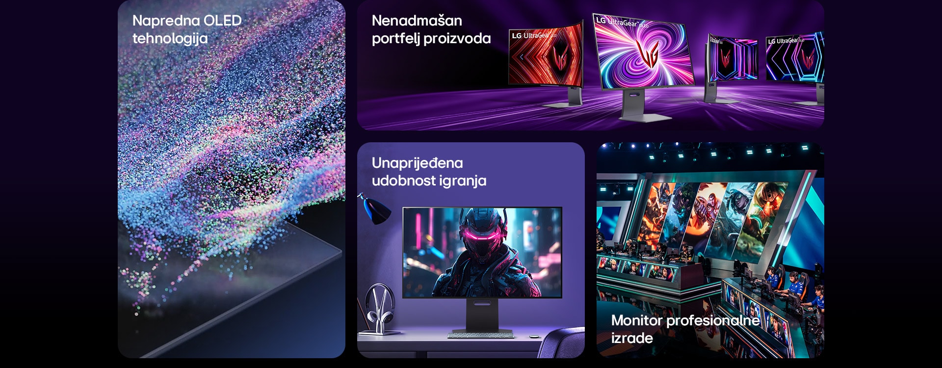 Slika koja prikazuje klju?ne zna?ajke LG OLED gaming monitora - Napredna OLED tehnologija, portfelj proizvoda bez premca, pobolj?ana udobnost igranja, monitor profesionalne razine.	