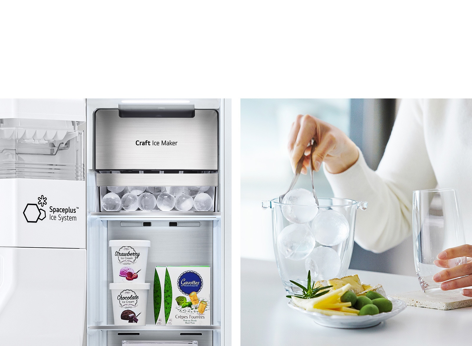 Dvije slike su jedna pored druge. Lijeva slika prikazuje unutra?njost zamrziva?a napunjenog sladoledom i Craft Ice Maker na vrhu sa savr?eno okruglim kockama leda u ladici. Desna slika prikazuje ruku koja hvataljkama grabi okrugle kockice leda i stavlja ih u ?a?u.