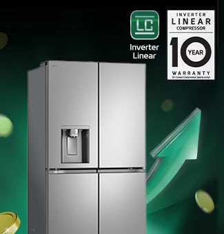 Slika prikazuje LG Multi-Door s ?etiri vrata ispred strelice prema gore i padaju?ih nov?i?a