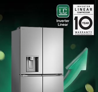 Slika prikazuje LG Multi-Door s ?etiri vrata ispred strelice prema gore i padaju?ih nov?i?a