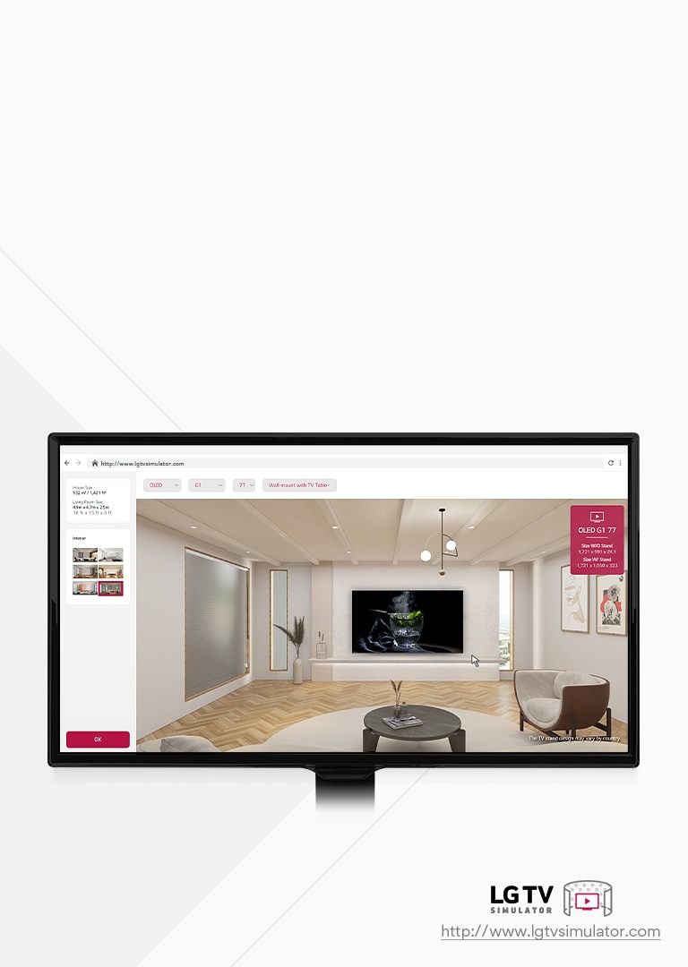 Ovo je obja?njenja slike simulatora koja vam omogu?uje postavljanje  svih modela televizora LG u virtualnom prostoru.