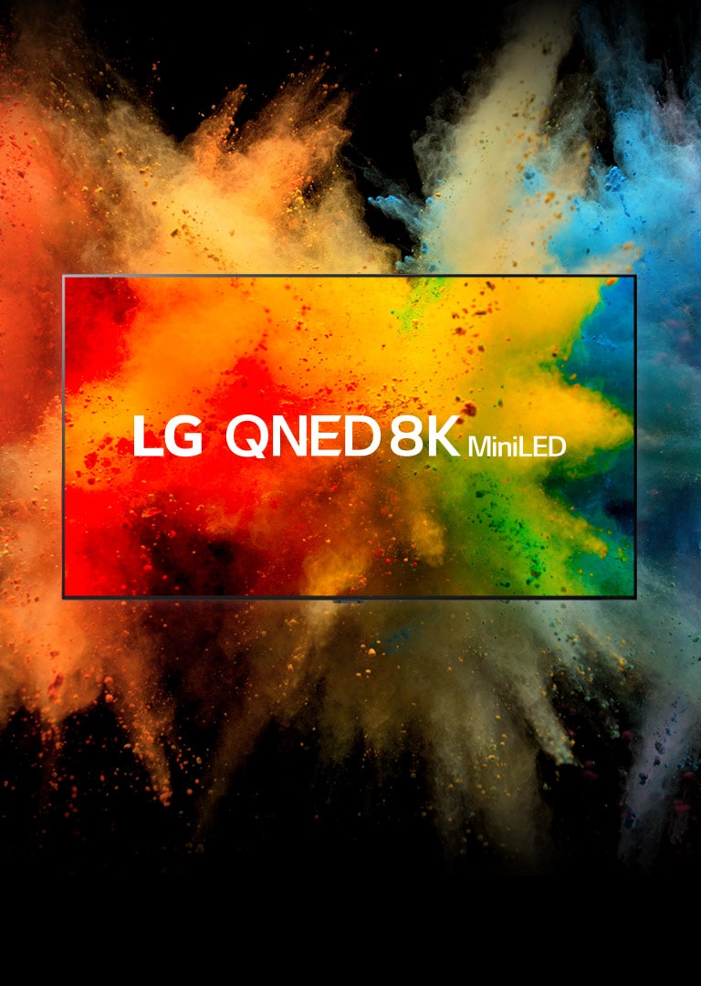 LG QNED u mra?noj prostoriji. Obojeni prahovi stvaraju eksploziju duginih boja na televizoru.