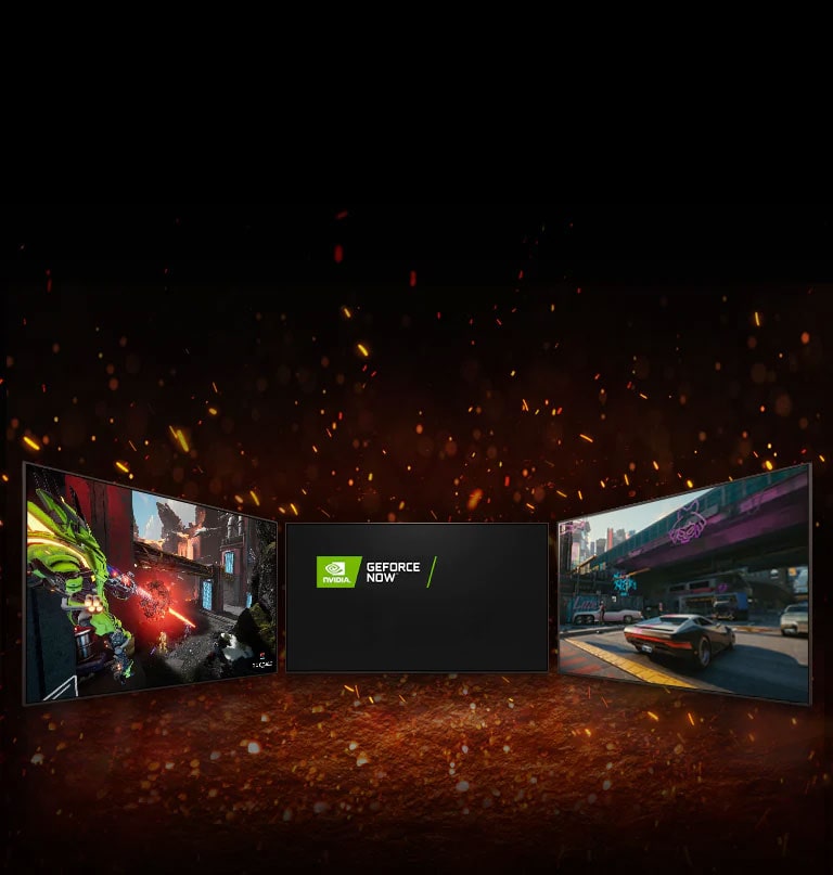 Prikazana su tri televizora. Po sredini se na zaslonu prikazuju dva logotipa prikazana dijagonalno – logotip aplikacije NVIDIA GeFORCE NOW i logotip aplikacije STADIA. S lijeve strane televizora prikazuje Splitgate, a s desne strane na televizoru se prikazuje Cyberpunk 2077.  