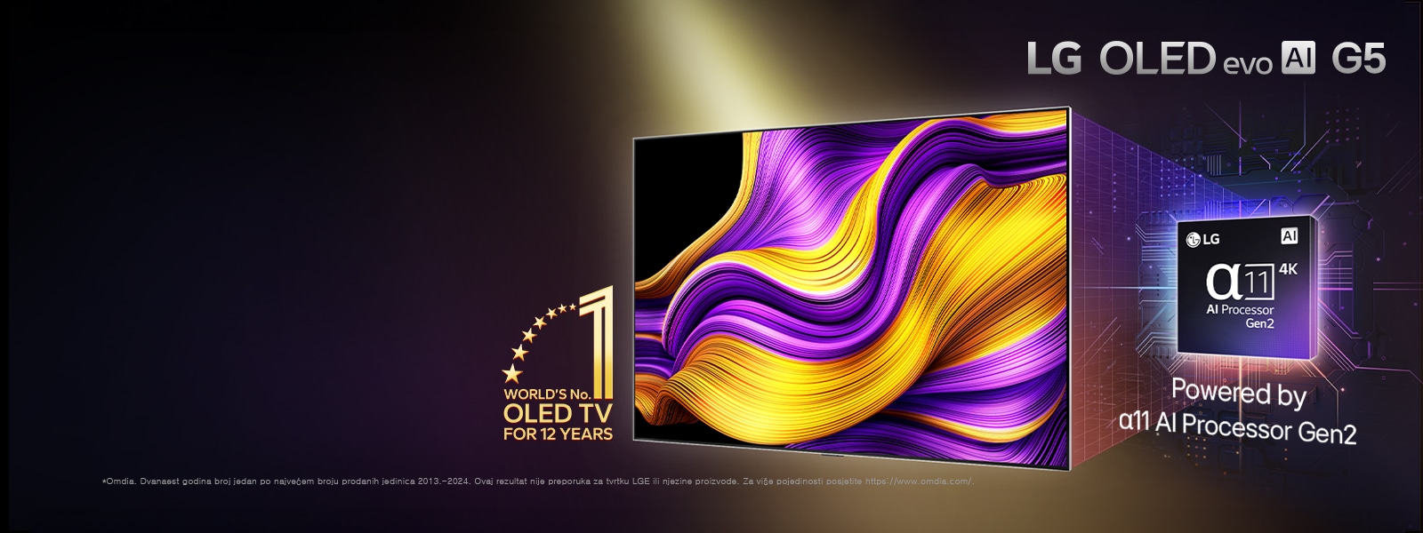 Na zaslonu televizora LG OLED evo AI TV prikazana je apstraktna slika s impresivnim pojedinostima, bojom i kontrastom. Uve?ana verzija procesora alpha 11 AI Processor Gen2 nalazi se iza televizora. Svijetli svjetlo??u osvjetljavaju?i krugove mikro?ipa. Naslov glasi: LG OLED evo AI. Vidljiv je i tekst ?pokretan procesorom LG alpha 11 AI processor Gen2”. Zlatni logotip sa zvjezdicama nalazi se u kutu na kojem pi?e televizor OLED TV broj jedan na svijetu ve? dvanaest godina.