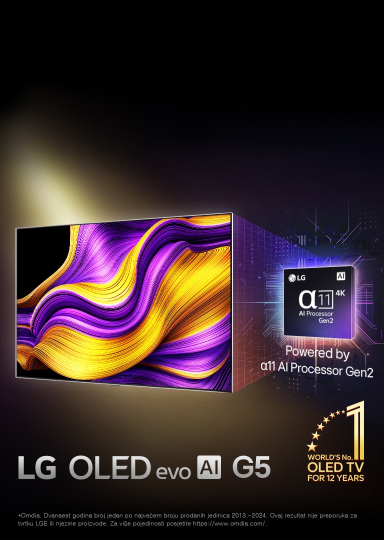 Na zaslonu televizora LG OLED evo AI TV prikazana je apstraktna slika s impresivnim pojedinostima, bojom i kontrastom. Uve?ana verzija procesora alpha 11 AI Processor Gen2 nalazi se iza televizora. Svijetli svjetlo??u osvjetljavaju?i krugove mikro?ipa. Naslov glasi: LG OLED evo AI. Vidljiv je i tekst ?pokretan procesorom LG alpha 11 AI processor Gen2”. Zlatni logotip sa zvjezdicama nalazi se u kutu na kojem pi?e televizor OLED TV broj jedan na svijetu ve? dvanaest godina.