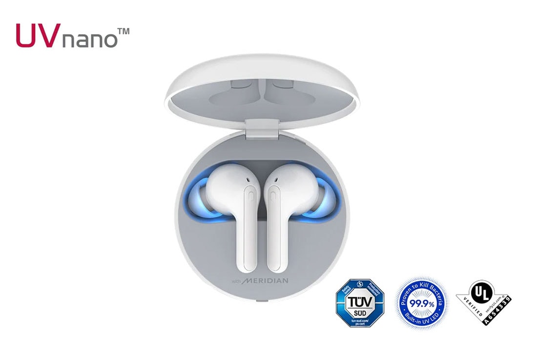 LG TONE Free FN7, Prikaz otvorene kutijice odozgo s uklju?enim atmosferskim svjetlom i logotipom certifikacije UVnano, HBS-FN7