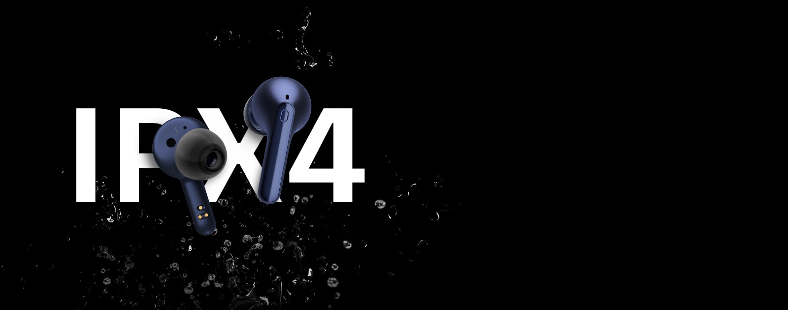 Slika slu?alica s kapljicama vode na vrhu teksta IPX4.