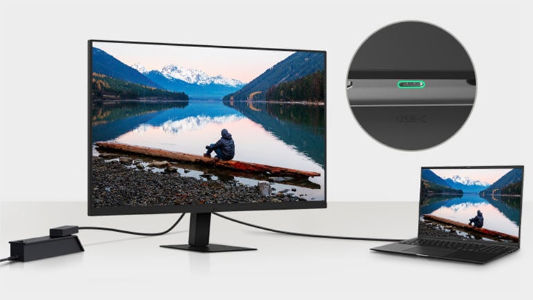 Slika prijenosnog ra?unala i monitora povezanih jednim USB-C kabelom.