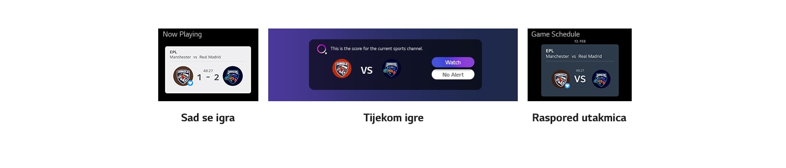 Razli?ite vrste obavijesti o rezultatima, rasporedima i vremenima po?etka vodoravno su navedene ispod slike.