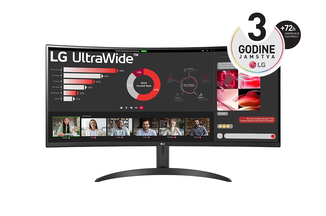 LG 34” UltraWide? omjera 21:9 zakrivljeni VA monitor s brzinom osvje?avanja od 100 Hz, prikaz prednje strane, 34WR50QC-B