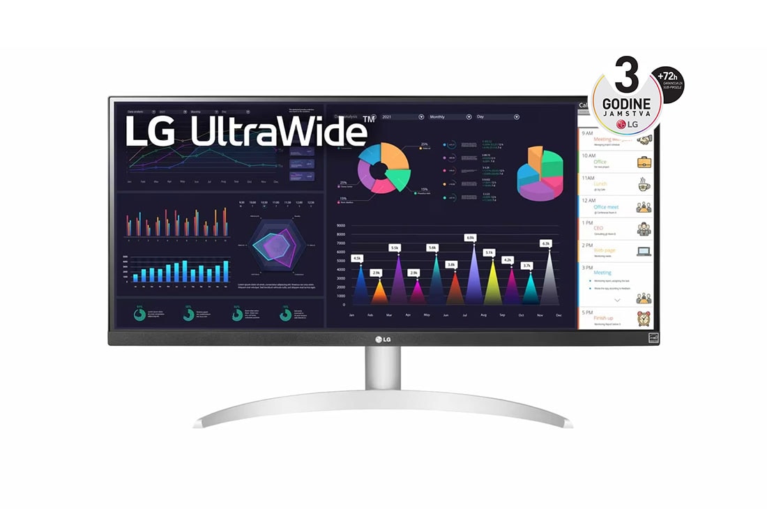 LG 29” UltraWide? omjer slike 21:9, IPS monitor s brzinom osvje?avanja od 100 Hz, prikaz prednje strane, 29WQ600-W
