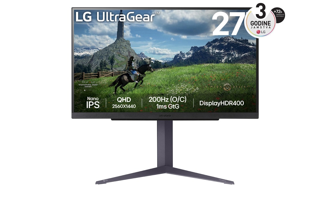 LG 27” UltraGear? QHD Nano IPS 180Hz (O/C 200Hz) gaming monitor | 1ms (GtG), DisplayHDR? 400, prikaz prednje strane, 27GS85Q-B