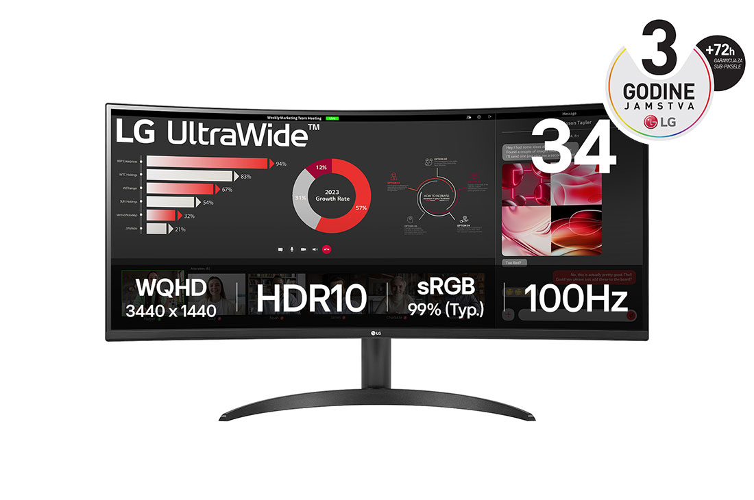 LG 34” UltraWide? omjera 21:9 zakrivljeni VA monitor s brzinom osvje?avanja od 100 Hz, prikaz prednje strane, 34WR50QK-B
