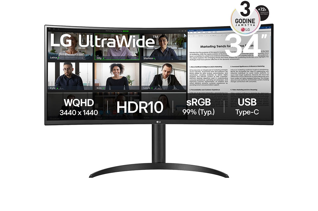 LG 34” UltraWide? omjera 21:9 zakrivljeni VA monitor s brzinom osvje?avanja od 100 Hz, prikaz prednje strane, 34WR55QK-B