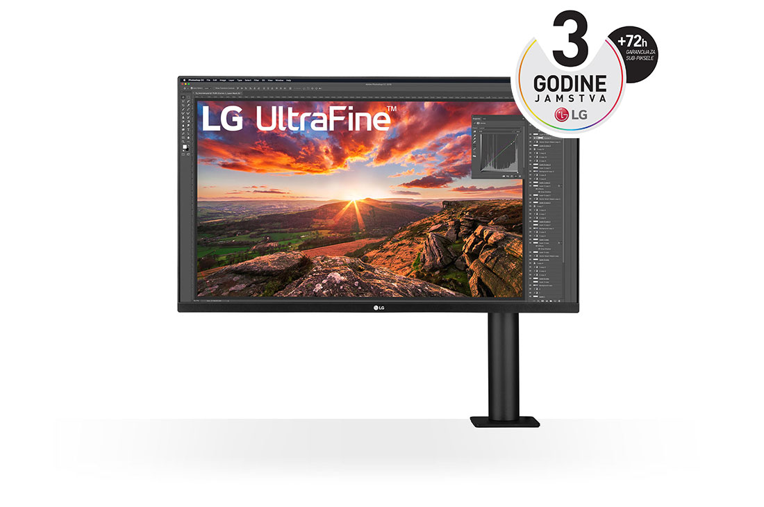 LG 32” UltraFine? omjer slike 16:9 4K IPS Ergo monitor s brzinom osvje?avanja od 60 Hz, prednji prikaz s nosa?em monitora s desne strane, 32UN880K-B