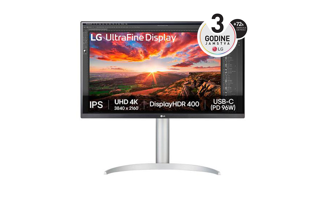 LG 27” UltraFine? omjer slike 16:9 4K IPS monitor s brzinom osvje?avanja od 60 Hz, prikaz prednje strane, 27UP850K-W