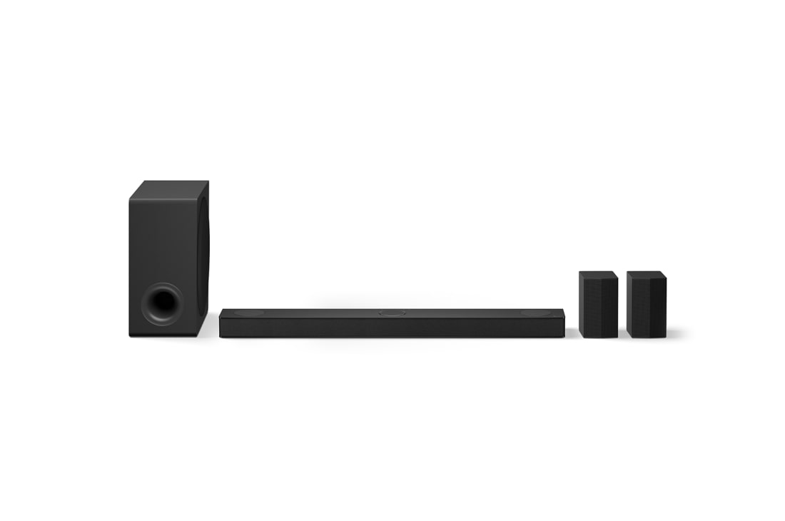 LG S80TR LG Soundbar s Dolby Atmos Rear 5.1.3 kanalnim zvukom, Prednji prikaz LG Soundbara S80TR, niskofrekventnog zvu?nika (subwoofera) i stra?njih zvu?nika, S80TR