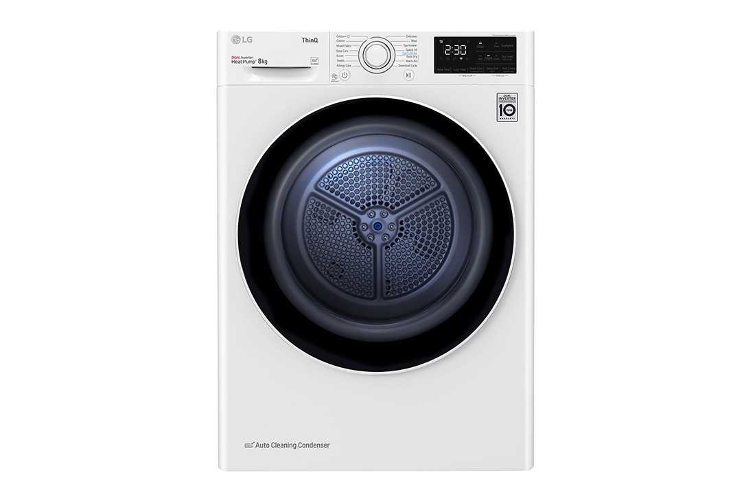 LG 8 kg, Eco Hybrid? DUAL Inverter su?ilica rublja sa toplinskom pumpom, kondenzator sa automatskim ?i??enjem, ThinQ? WiFi funkcija, Pogled sprijeda, RH80V3AV6N