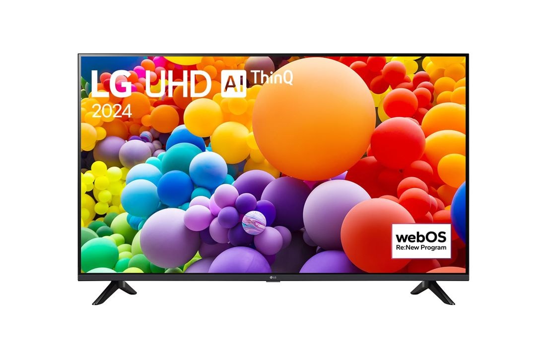 LG UHD AI UT73 4K Smart TV od 50 in?a 2024, Prednji prikaz televizora LG UHD TV, UT73 s tekstom LG UHD AI ThinQ, 2024,. i logotipom operativno sustava webOS Re:New Program na zaslonu, 50UT73003LA