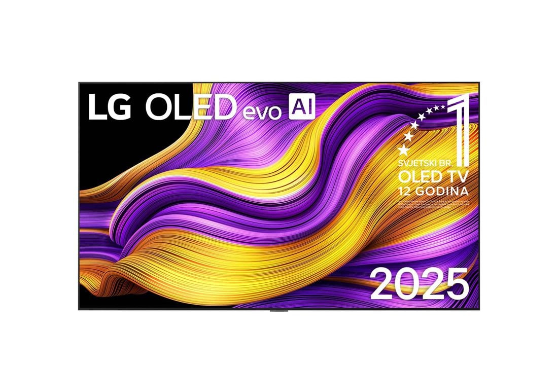 LG  LG OLED evo AI G5 4K Smart TV 2025 od 83 in?a, Prednji prikaz televizora LG OLED evo AI G5 4K Smart TV. Na zaslonu se prikazuju amblem ?Najbolji OLED na svijetu ve? 12 godina” i logotip modela LG OLED evo AI 2025., OLED83G51LW