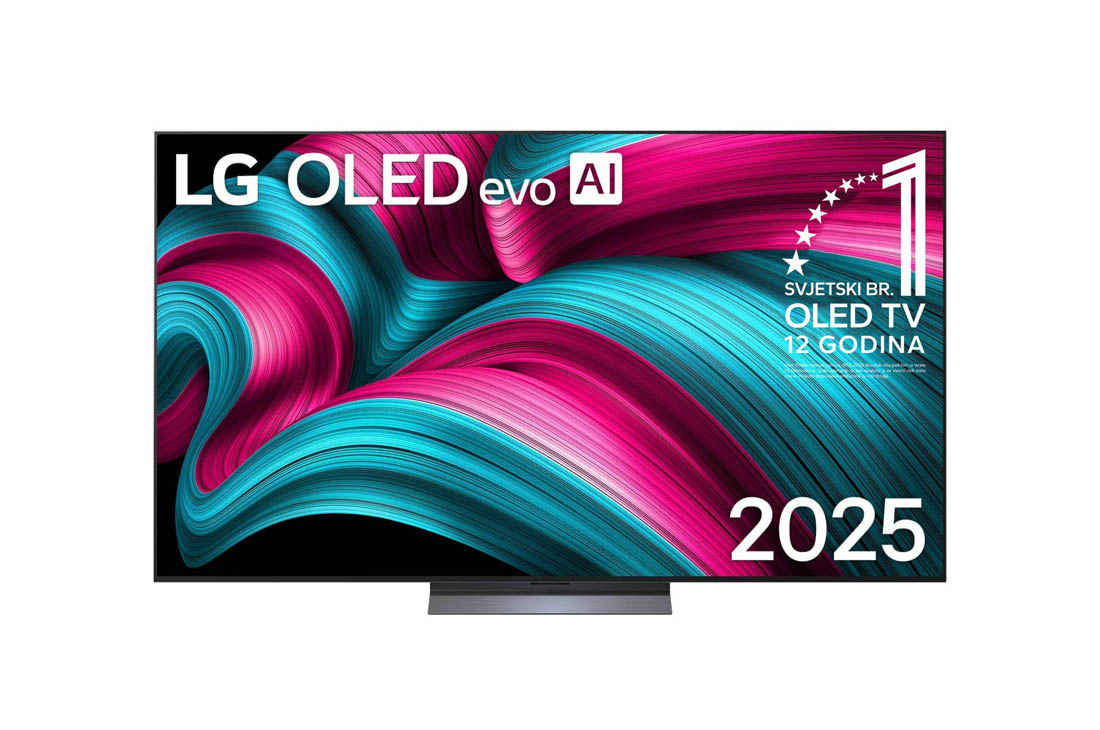 LG  LG OLED evo AI C5 4K Smart TV 2025 od 77 -in?a, OLED77C51LA na zaslonu se prikazuju amblem ?Najbolji OLED na svijetu ve? 12 godina” i logotip modela LG OLED evo AI 2025., OLED77C51LA