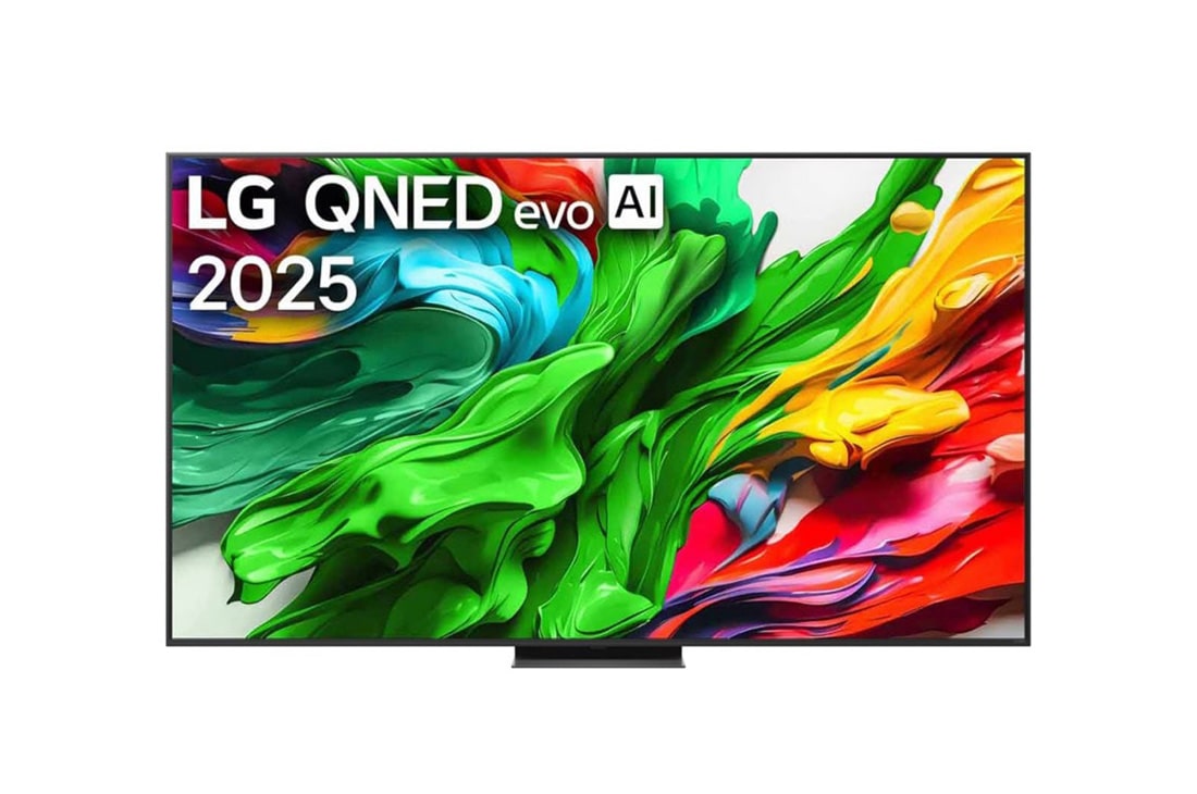 LG Televizor LG QNED evo AI QNED86 4K Smart TV 2025 od 86 in?a, Изглед отпред на LG QNED evo TV, лого LG QNED evo Al Logo в горния ъгъл. LG QNED evo показва цветни текстури на бои, които се съчетават., 86QNED86A3A