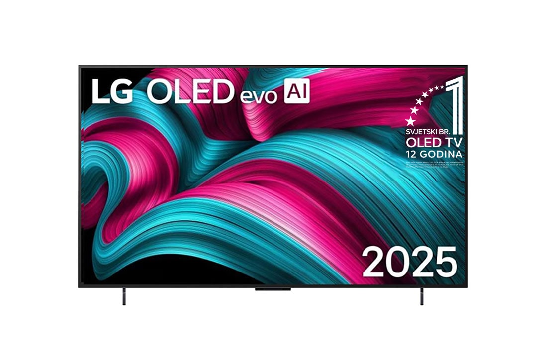 LG OLED evo AI C5 4K Smart TV 2025 od 42 -in?a, Prednji prikaz televizora LG OLED evo AI C5 4K Smart TV. Na zaslonu se prikazuju amblem ?Najbolji OLED na svijetu ve? 12 godina” i logotip modela LG OLED evo AI 2025., OLED42C51LA