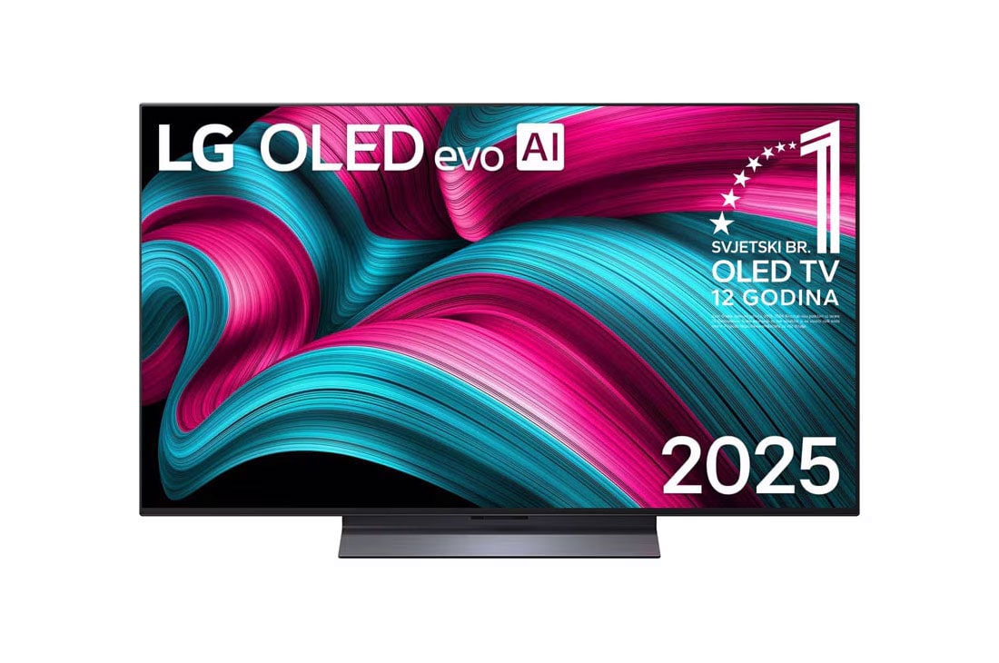 LG  LG OLED evo AI C5 4K Smart TV 2025 od 48 - in?a, OLED48C51LA na zaslonu se prikazuju amblem ?Najbolji OLED na svijetu ve? 12 godina” i logotip modela LG OLED evo AI 2025., OLED48C51LA
