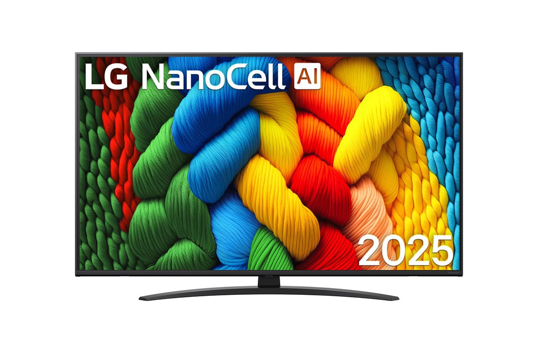 LG Televizor LG NanoCell AI NANO81 4K Smart TV 2025 od 50 in?a , Prednji prikaz televizora NanoCell TV, logotip LG NanoCell Al nalazi se u gornjem uglu. Na televizoru LG NanoCell TV prikazuju se ?arene boje u teksturi sli?noj slici koje se spajaju., 50NANO81A3A