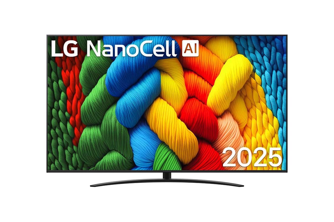 LG Televizor LG NanoCell AI NANO81 4K Smart TV 2025 od 86 in?a , Prednji prikaz televizora NanoCell TV, logotip LG NanoCell Al nalazi se u gornjem uglu. Na televizoru LG NanoCell TV prikazuju se ?arene boje u teksturi sli?noj slici koje se spajaju., 86NANO81A3A