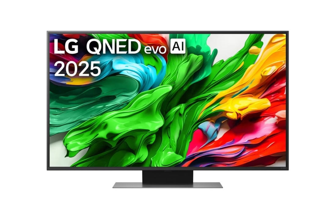 LG Televizor LG QNED evo AI QNED86 4K Smart TV 2025 od 43 in?a, Изглед отпред на LG QNED evo TV, лого LG QNED evo Al Logo в горния ъгъл. LG QNED evo показва цветни текстури на бои, които се съчетават., 43QNED86A3C