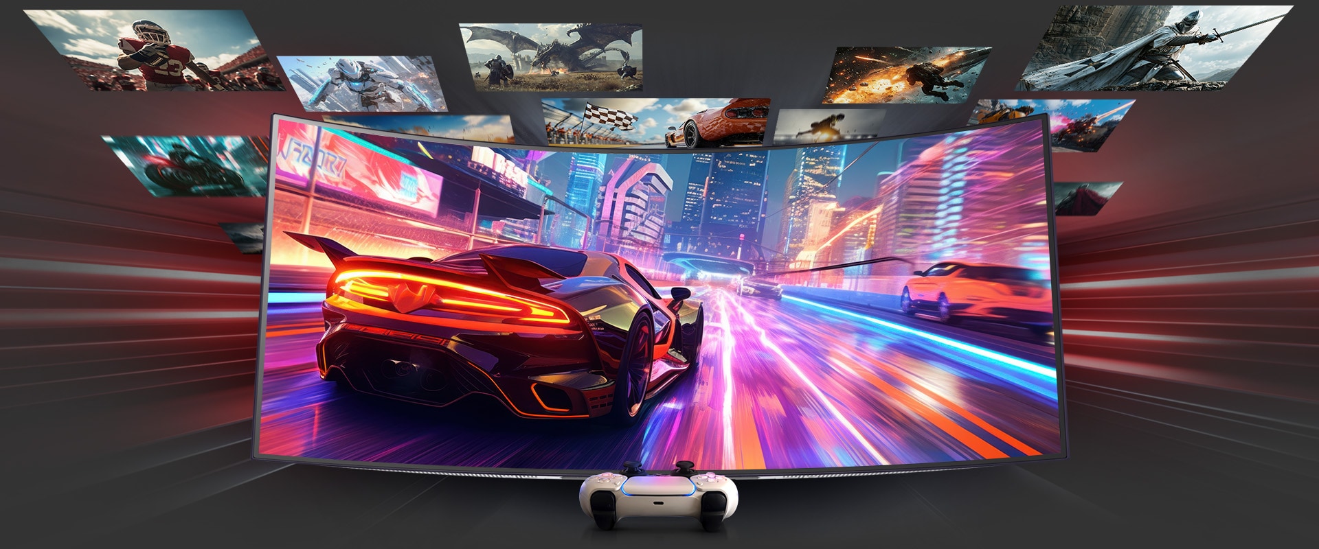 Zakrivljeni gaming monitor prikazuje igru utrkivanja ??s crvenim superautomobilom u gradu osvijetljenom neonskim svjetlima. Druge scene igre lebde po zaslonu. Bijeli upravlja? konzole postavljen je ispred, isti?u?i igranje na konzoli.